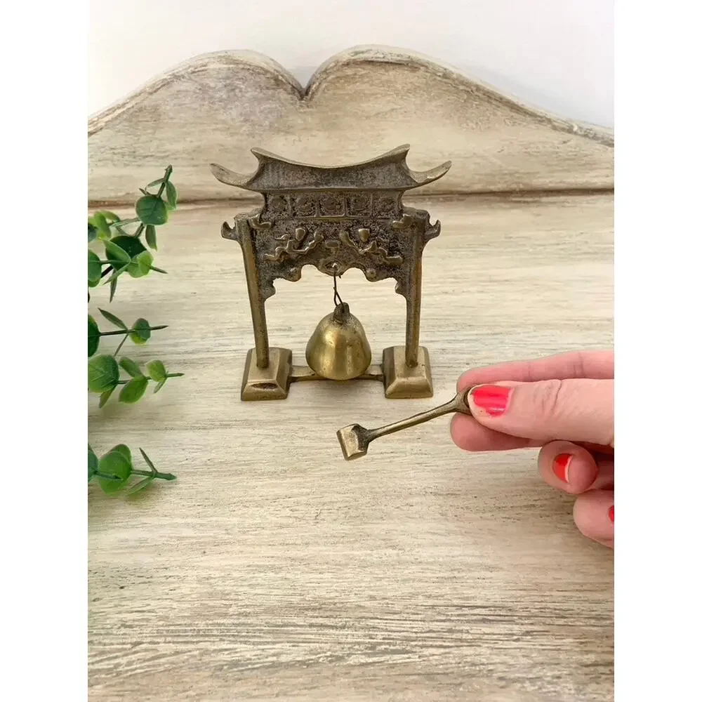 Vintage Lobeco Brass Pagoda Gong Miniature Bell With Striker Chinoiserie Decor